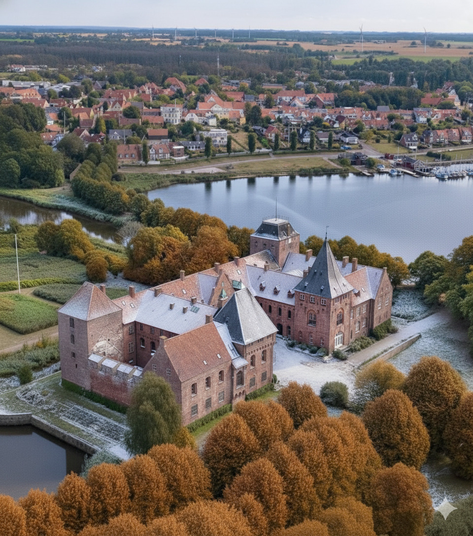 Schloss Aalholm im winterlichen Glanz mit verschneiten Bäumen