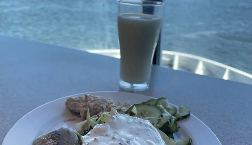 Teller vom Kitchen Buffet mit Matjes, Remoulade und Buttermilch-Drink, Fensterplatz mit Blick auf das Wasser auf der Fähre Rostock-Gedser