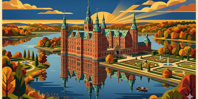 Schloss Frederiksborg in Hillerød mit Spiegelung im See im Art Deco Stil