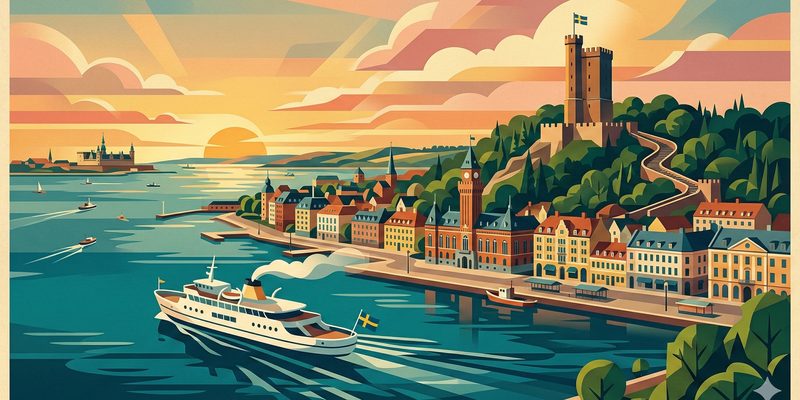 Helsingborg Skyline mit Kärnan-Turm und Öresund im Art Deco Stil