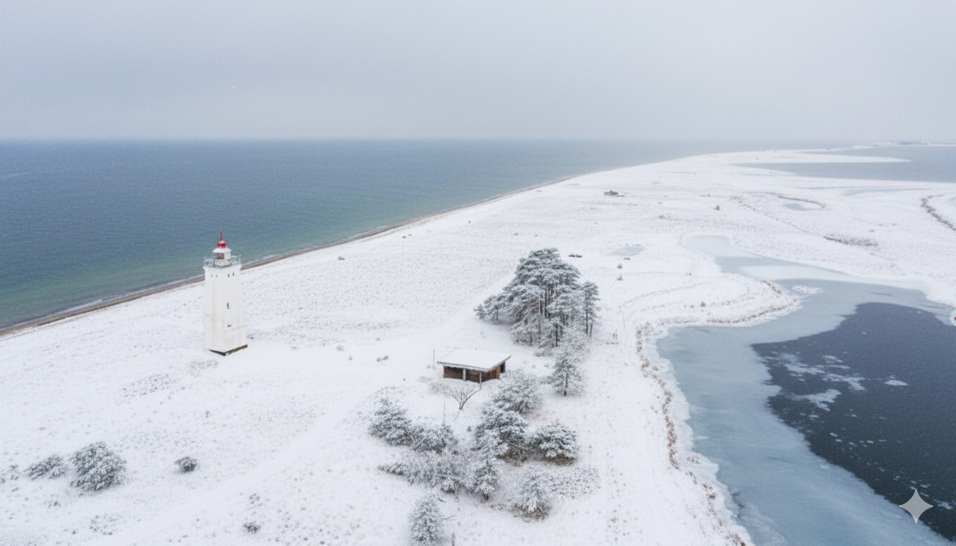 Der Leuchtturm von Hyllekrog wacht über die winterliche Küste Lollands
