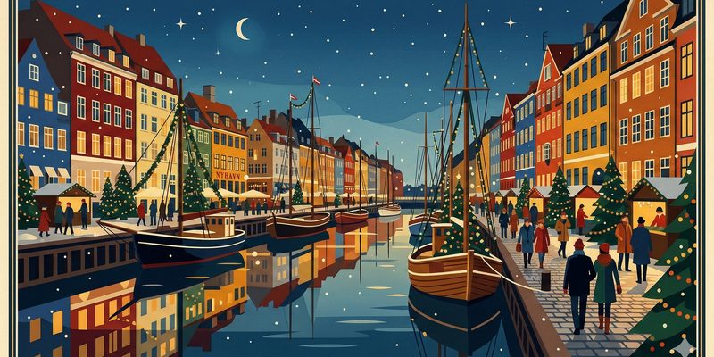 Weihnachtliches Nyhavn in Kopenhagen mit bunten Häusern im Art Deco Stil