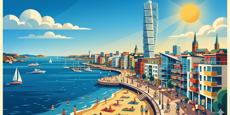 Malmö Strandpromenade mit Turning Torso im Art Deco Stil