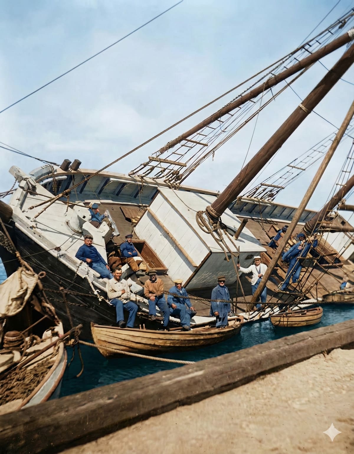 Niels Landt (vorne rechts im hellen Pullover) bei Abdichtungsarbeiten an einem Schiff in Nysted, zusammen mit 6 weiteren Arbeitern
