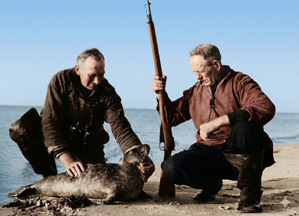 Alfred und Niels Landt bei der Robbenjagd auf Rødsand - eine Tradition, die 1964 endete