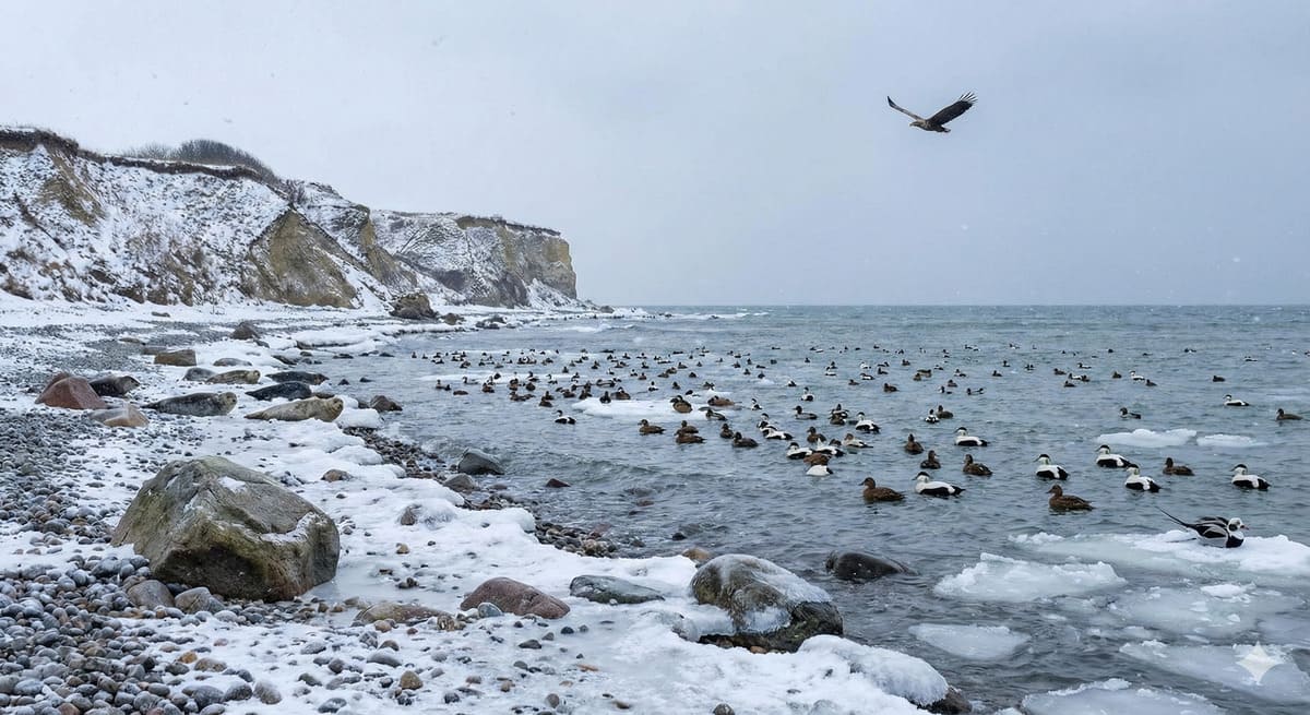 Winterlandschaft am Gedser Odde mit Wasservögeln - nordische Wintergäste