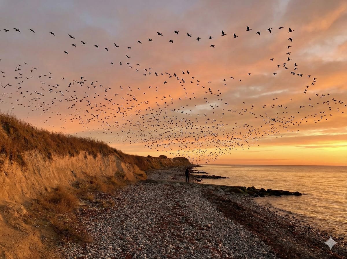 Vogelschwarm über dem Gedser Odde bei Sonnenaufgang - spektakulärer Vogelzug