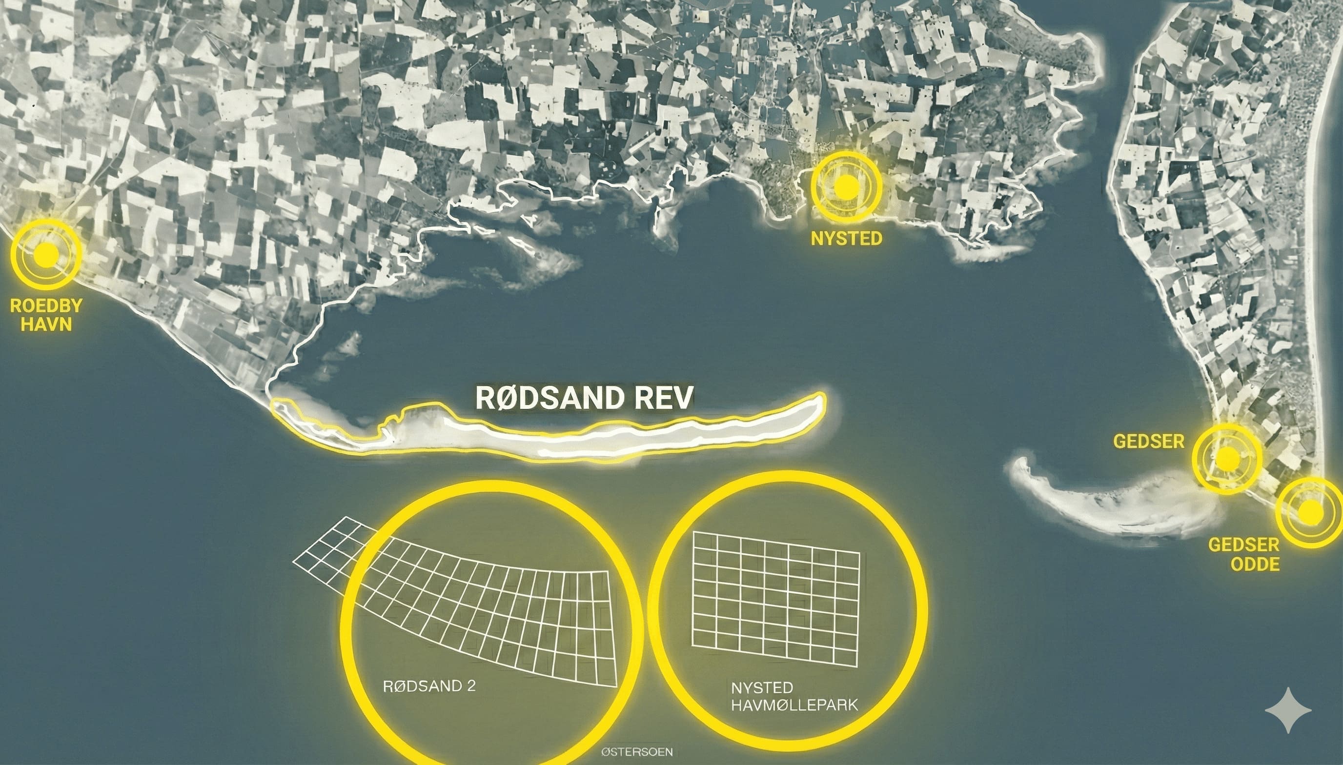 Luftaufnahme der Offshore-Windparks Nysted Havmøllepark und Rødsand 2 vor der Küste von Gedser - 162 Windenergieanlagen im Meer aus der Vogelperspektive