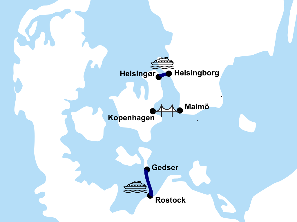 Routenkarte Fähre Rostock Gedser – 2 Stunden Überfahrt über die Ostsee nach Dänemark